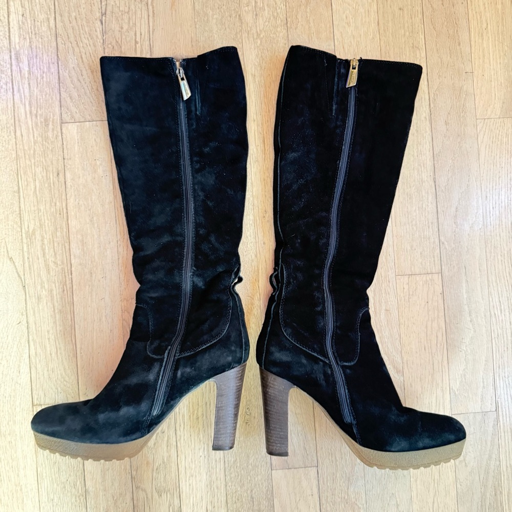 MANAS Lea Foscati Black Suede Tall Boots Shearling Lined Italian EU 38 US 7.5